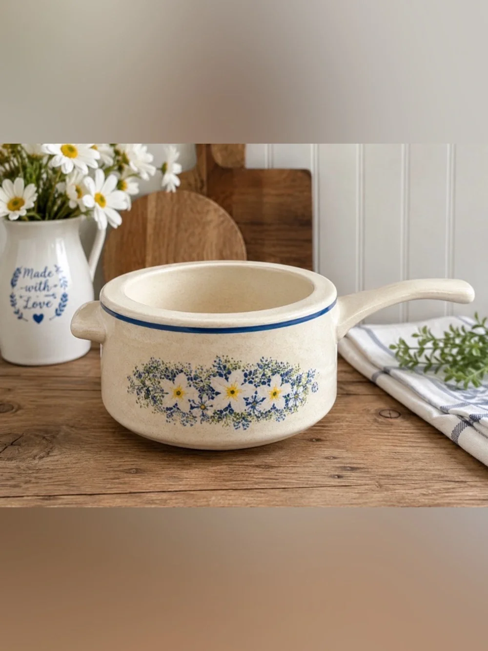 Lenox Cream Ceramic Saucepan with Blue Floral Band